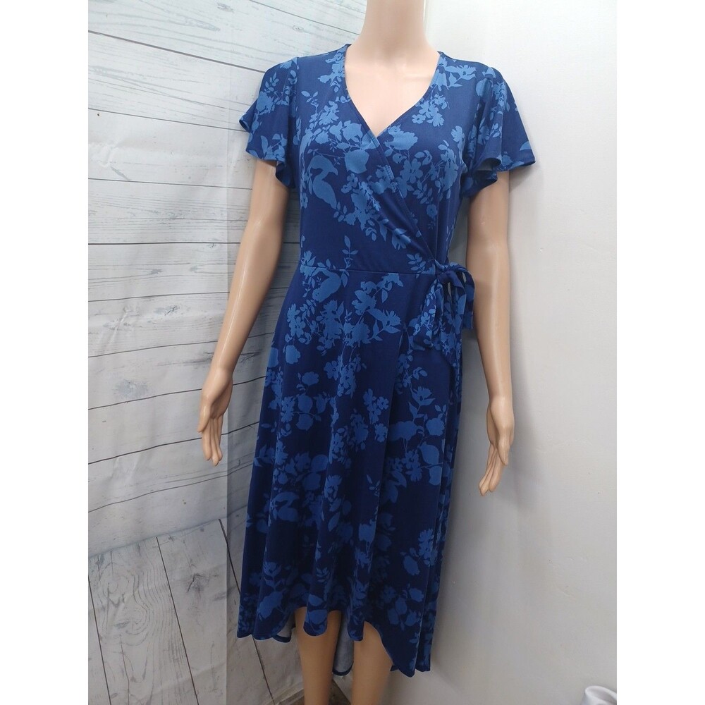 Fortune + Ivy High Low Blue Floral Dress Half Wrap Style Sz L Stretch
